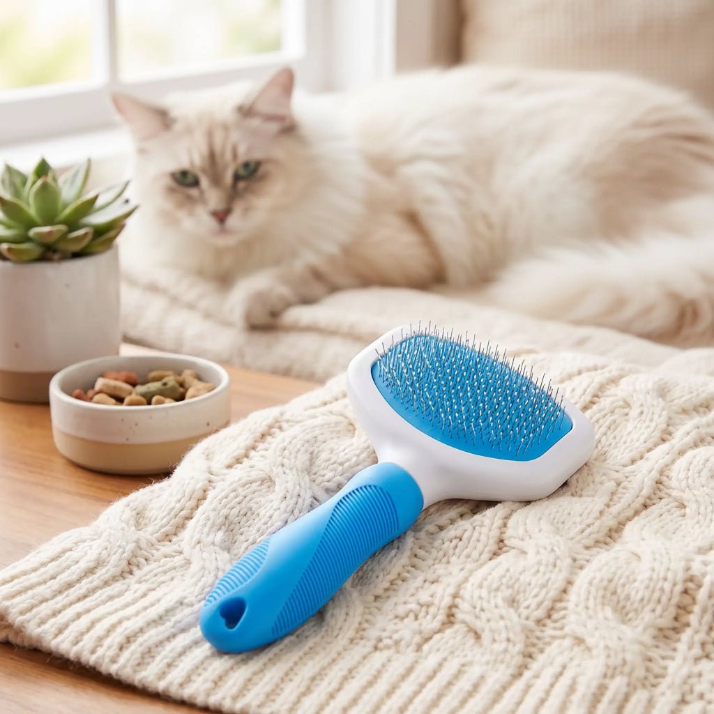 brosse chat poils longs large bleue