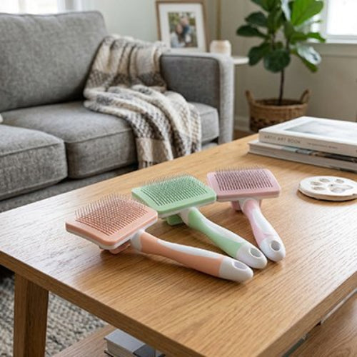 Brosse chat poils longs présenté sur table