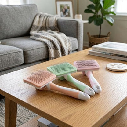 Brosse chat poils longs présenté sur table