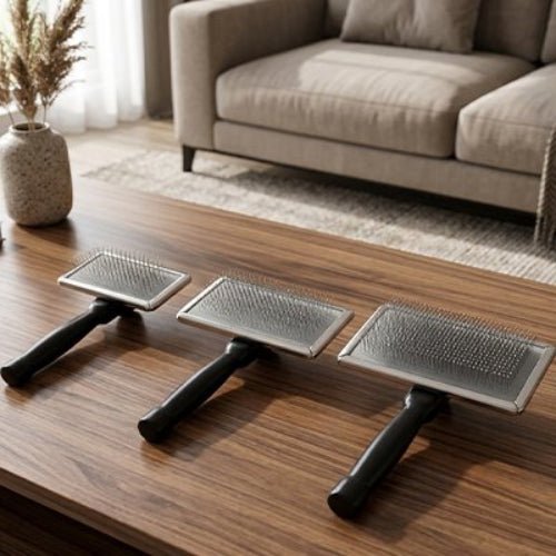 Brosse chat poils longs sur table du salon