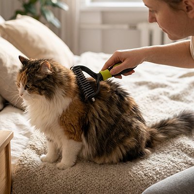brosse chats poils longs sur chat roux