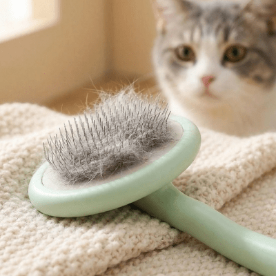 brosse pour chat à poil long avec des poils mortes