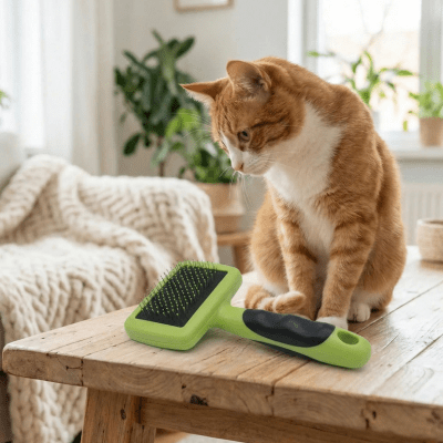 chat roux regarde la brosse pour chat à poil long posée sur la table