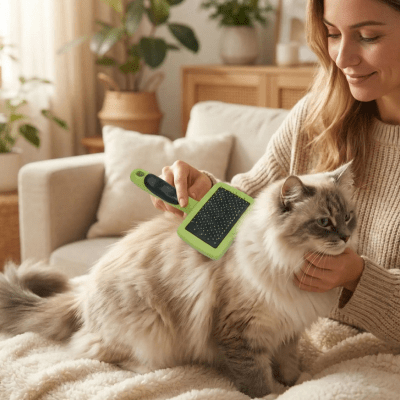 propriétaire brosse le chat avec la brosse pour chat à poil long 