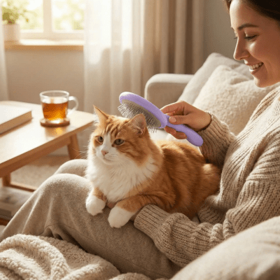 propriétaire brosse son chat avec la brosse pour chat à poil long