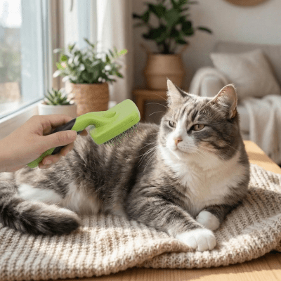 une main brosse un chat avec brosse pour chat à poil long 
