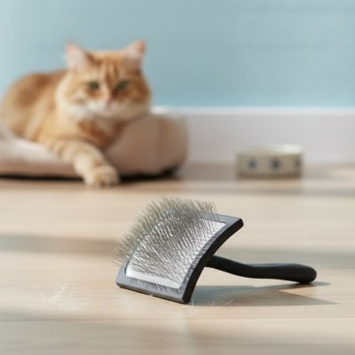 brosse pour chat à poil long sur le sol