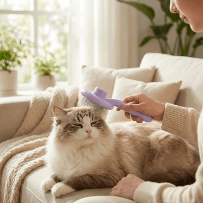 chat calme pendant le brossage avec la brosse pour chat à poil long