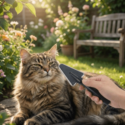 chat brosser avec brosse pour chat poil long dans le jardin