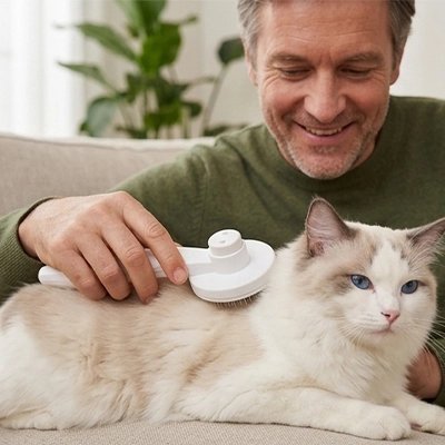 brosse pour chat poil long sur dos chat assis 