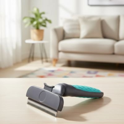 Brosse pour chat posée sur la table du salon