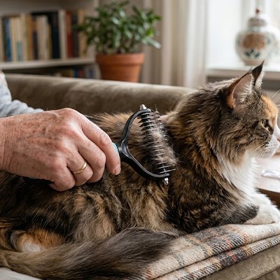 brosse pour chats poils longs sur dos du chat 