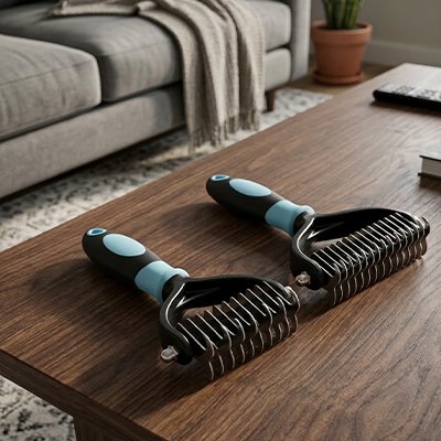 brosse pour chats poils longs sur table 