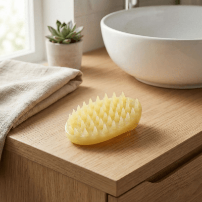 brosses pour chat posée sur le comptoir du salle de bain