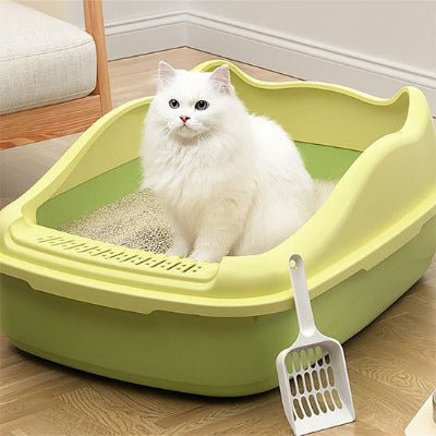 Le chat est accroupi dans le Bac à litière chat