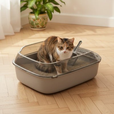 Le chat est accroupi dans le bac à litière pour chat