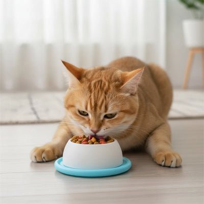 chat accroupi pour manger dans la gamelle anti glouton chaton