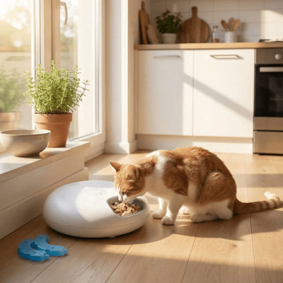chat s'alimentant de distributeur automatique de croquettes pour chat