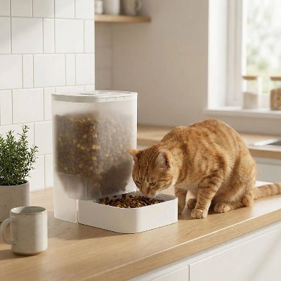 chat s'alimente dans un distributeur de croquettes 