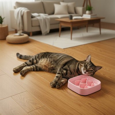 chat allongé à côté d’une gamelle anti glouton rose