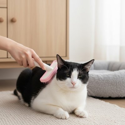 Chat allongé pendant le brossage avec une brosse pour Chat