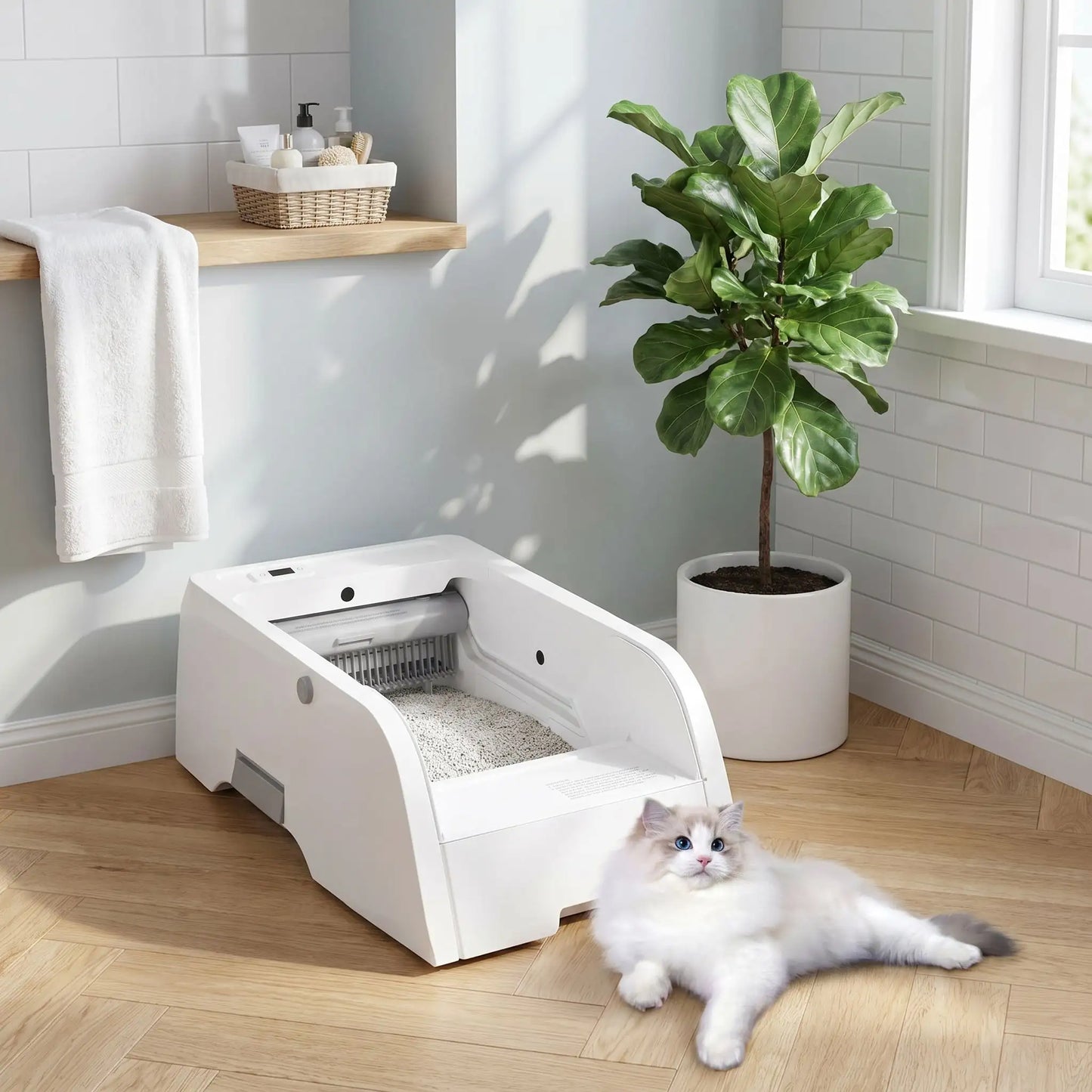 chat allongé prés du bac a litiere automatique chat