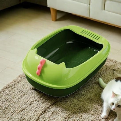 Le chat est allongé près du bac a litiere pour chat dinosaure