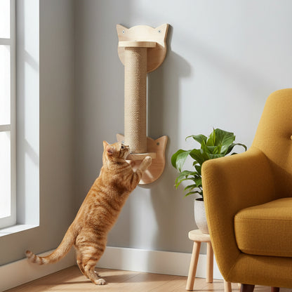 chat s'apprête à grimper sur le griffoir mural pour chat
