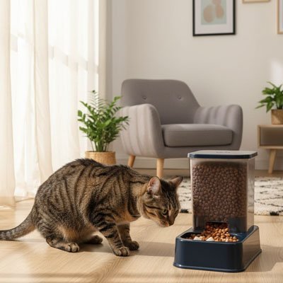 chat s'approchant de distributeur croquettes chat