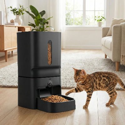 chat s'approche de distributeur croquette chat automatique noir