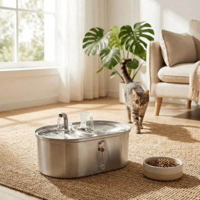 chat s'approche de la fontaine eau pour chat