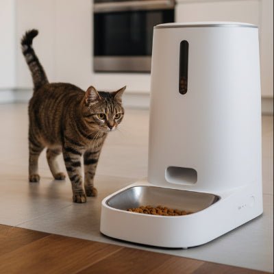 chat s'approche du gamelle intelligente chat avec croquettes 