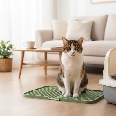 chat assie sur le tapis litiere chat