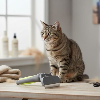 Chat assis à côté d’une brosse pour chat 