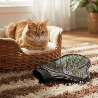 Chat assis à côté d’un gant de toilettage