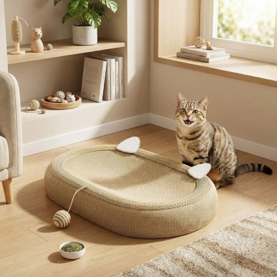 chat assis à côté du griffoir a chat