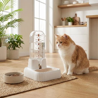 Femme déposant une fontaine à eau pour chat à côté de son chat assis calmement