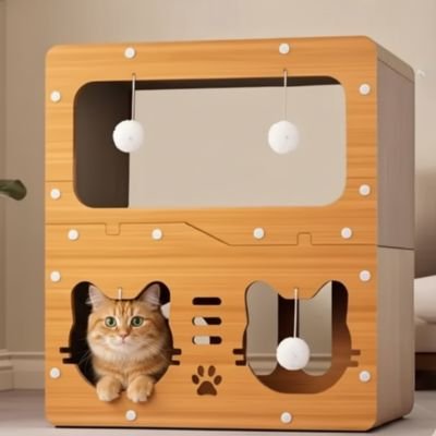 chat assis dans le griffoir chat carton modulable