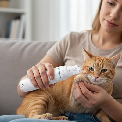 Chat assis pendant l’entretien des griffes Coupe griffe Chat