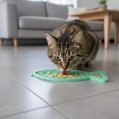 Chat assis léchant un Tapis de lechage