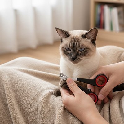 Chat assis pendant l’entretien des griffes avec un coupe griffe Chat