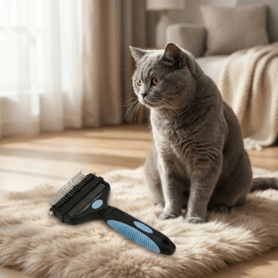 chat gris assis à côté de la brosse pour chat poil long 