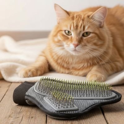 Chat assis près d’un gant de toilettage