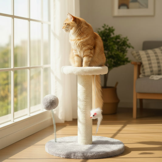 chat assis sur le plateau supérieur du griffoir pour chat
