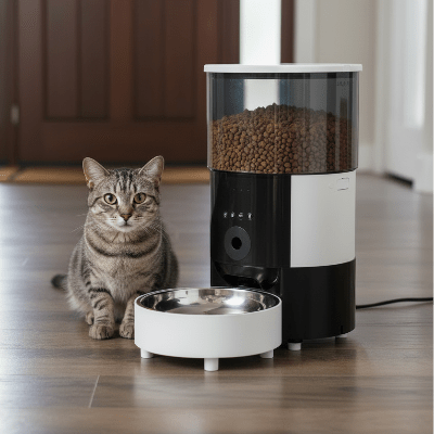 chat attend prés de distributeur automatique de croquettes pour chat