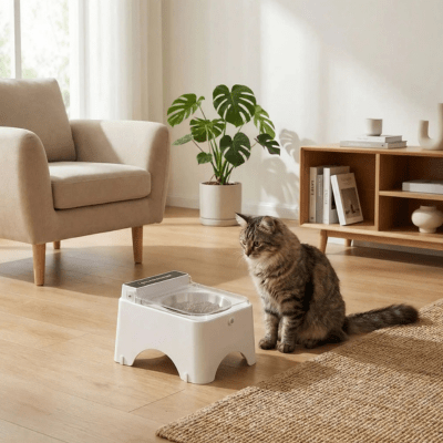 chat attend prés de la gamelle automatique chat