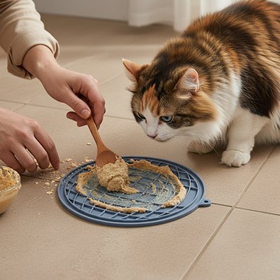 chat attend son repas près du Tapis de lechage