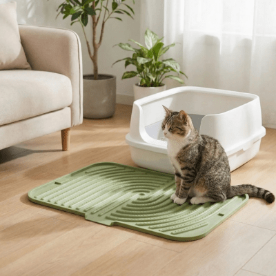 chat attend sur le tapis litiere chat