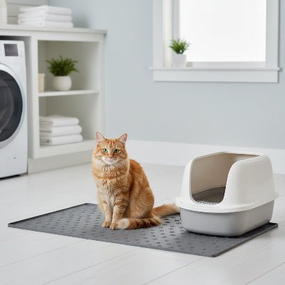 chat attend sur le tapis pour litiere chat