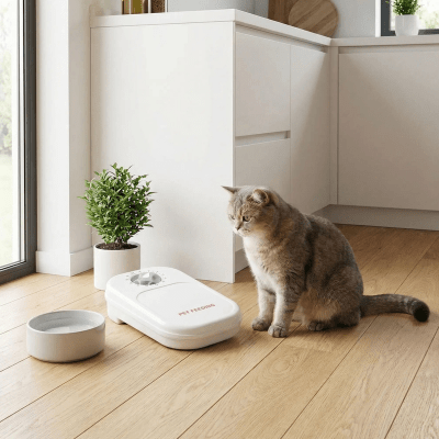 chat attendant repas dans la gamelle automatique chat